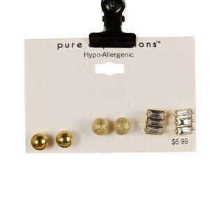 Hypo-Allergenic 3 Pair Gold Tone Stud Earrings Set Rhinestone Pure Expressions